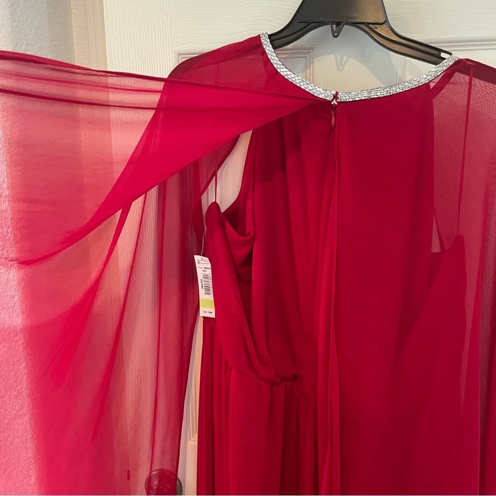 R&M Richards Sheer Cape Vibrant Red Dress with Embellished Trim